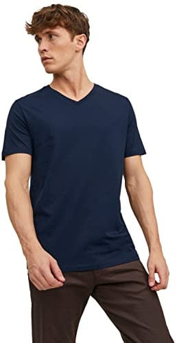 JACK & JONES Jjeorganic Basic Camiseta de Manga Corta con Cuello en V, Azul Marino, XL para Hombre