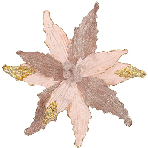 Briful 12'' Large Heads Christmas Glitter Poinsettia Flowers Christmas Tree Ornaments Set of 4 Artificial Flowers with Long Stems for Xmas Tree Party DIY Holiday Decorations, Rose Gold