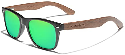 KINGSEVEN Holz Sonnenbrille Polarisiert für Herren Damen Retro Vintage Verspiegelte Gläser Walnuss Holz Rahmen W5777 (Green)