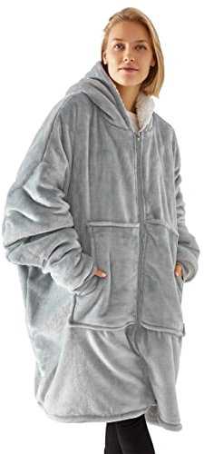 Vancavoo Kuschelpullover Damen Herren Deckenpullover Flanell Decke Hoodie Sweatshirt Übergröße Pulli Decken Oversize Mantel mit Reißverschluss und Riesiger Tasche (hellgrau)