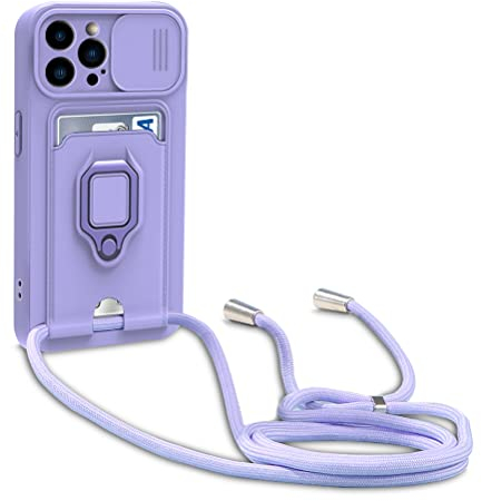 yanasuo Camera Protection Lanyard Phone Case for iphone 14 Pro, Card Holder, Slide Camera Cover, Silicone Cord Strap rope Shell TPU Shockproof Bumper Cover-Purple