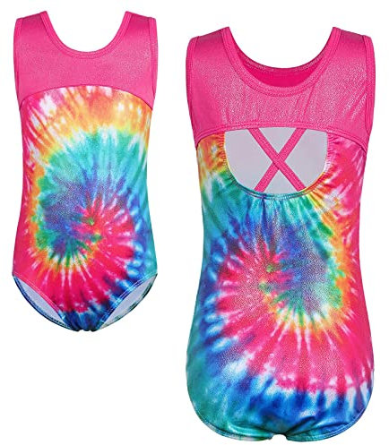 HUAANIUE Mädchen Kinder Gymnastikanzug Trikots Ärmelloses Tanzkostüm 3-14 Jahre (B273-Rot Tie Dye, 13-14 Jahre)