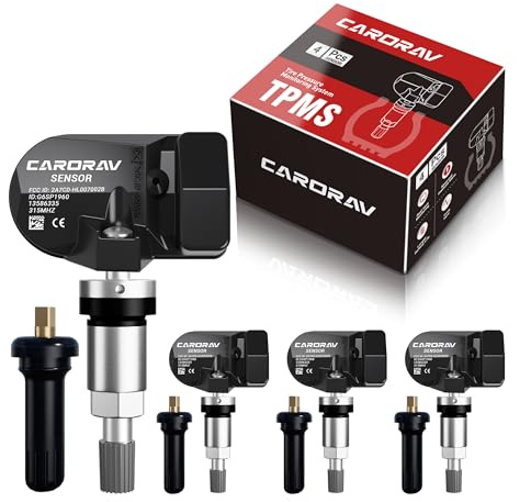 CARORAV TPMS Sensor GM, 4-Pack Tire Pressure Monitoring System Sensor Replacement for GM Chevy GMC Cadillac Buick, 315MHz OE Replaces for 13586335 13581558 13598771 13598772