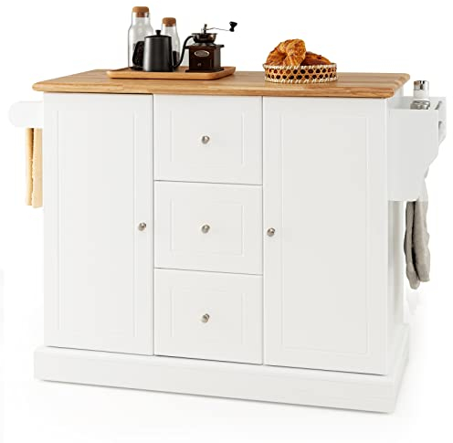 COSTWAY Carro Isla de Cocina con Toallero, Isla de Cocina sobre Ruedas con Encimera de Madera de Caucho, 3 Cajones, 2 Armarios Cerrados con Estantes Ajustables, Toallero Lateral y Especiero (Blanco)