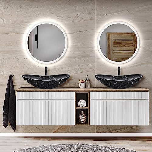 Lomadox Badmöbell Set in weiß matt mit Vintage Eiche Nb., Waschtischunterschrank mit Regal, 2 Aufsatzwaschbecken, 2 LED Spiegel, B/H/T: ca. 180,4/200/46 cm