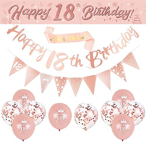 DEARLIVES 14 Pcs 18th Happy Birthday Decor,Rose Gold 18th Birthday Party Supplies Including Happy 18th Birthday Banners Birthday Straps Triangle Flag Bunting Confetti Latex Balloons (18th Birthday)