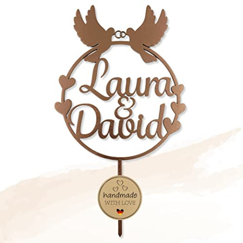 Birdart Box® Tortenstecker für Hochzeit – hochwertiger Tortenstecker aus Holz, moderner Cake Topper mit Namen (Kupfer)