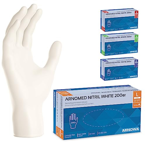 200x ARNOMED Einweghandschuhe Weiß, Einmalhandschuhe L, Handschuhe Einweg 200 Stück/Box, Gummihandschuhe puderfrei, latexfreie Nitrilhandschuhe in S, M, L & XL, Putzhandschuhe, Koch-/Küchen-Handschuhe