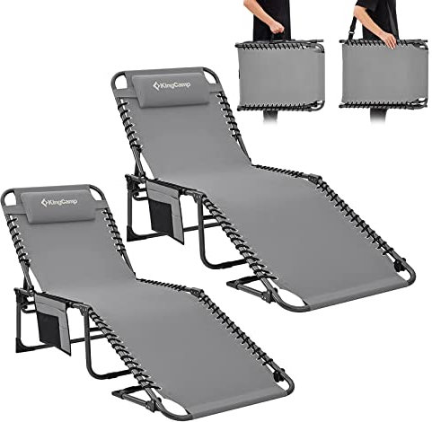 KingCamp Klappbarer Outdoor-Loungesessel, verstellbar, 5-Positionen, für Erwachsene, liegend, zusammenklappbar, mit Kissen, für Terrasse, Pool, Strand, Sonnenbaden, Deck, Rasen, 2 Packungen, Grau