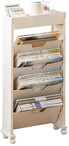 IUIBMI 5-Stöckiges Bewegliches Bücherregal Aus Kunststoff, Rollendes Organisationsregal Mit Rollen, Multifunktionales Aktenregal für Kinder (Beige)