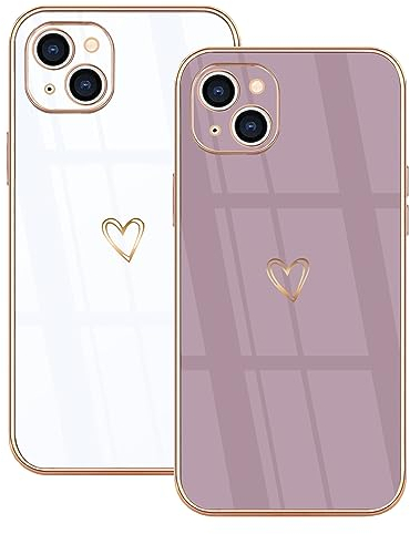 Lonrapa 2 Stück Silikon Hülle für iPhone 15 Handyhülle Süße Herz Muster Motiv Case für Mädchen Frauen Farbe Galvanisierte Weich TPU Bumper Stoßfest Schutzhülle iPhone 15 Phone Cover - Weiß & Lila