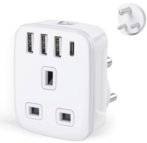 UK to India Plug Adapter,SHUOMAO Grounded UK to 3 Pin India Travel Adapter with 3 USB+1 USB C 17W Fast Charger,Converter Plug Adaptor for Indian,Sri Lanka,Pakistan,Burma,Maldives,Yemen(Type D)