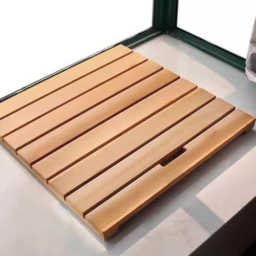 Multipurpose Rectangular Wooden Bath Mat,Bamboo Bath Mat,Slatted Duckboard Design,Water Resistant Shower Mat,Kitchen Mat,Bathtub Mats,Toilet Pedal,with Non Slip Feet and Handle (30x30cm/12x12in)