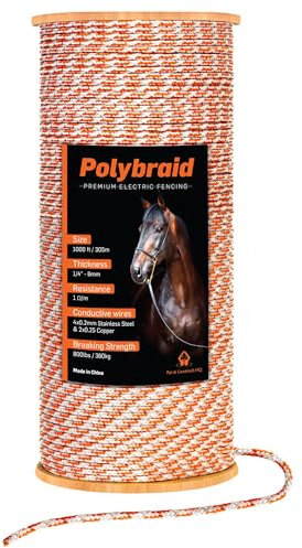 Elektrozaun Polybraid Polybraid 304,8 m Dicke 0,6 cm – hochwertiges strapazierfähiges geflochtenes Polyseil – gut sichtbares Seil für Pferde, Rinder, Nutztiere – 6 Drahtleiter: 2 x Cooper und 4 x