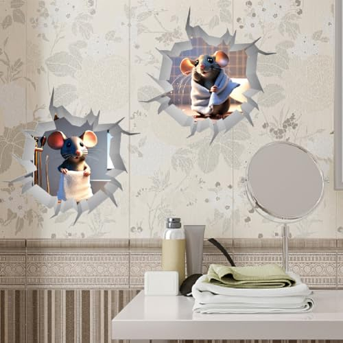 SUPERDANT 3D Maus Wandaufkleber 3D Badezimmer Ratten Wandaufkleber Lustige Rissige Wände Wanddekoration Kinderzimmer Wandaufkleber Zum Abziehen Und Aufkleben Für Kinder Badezimmer Toilette