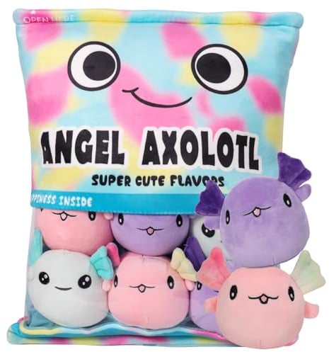 HXPLN Nettes Snack Plüsch Kissen, Axolotl Pudding Kissen, Abnehmbare Kuscheltier, Spielzeug Tasche Mit Plüschtier, Geschenke für Kinder (6 Bunt Axolotls)