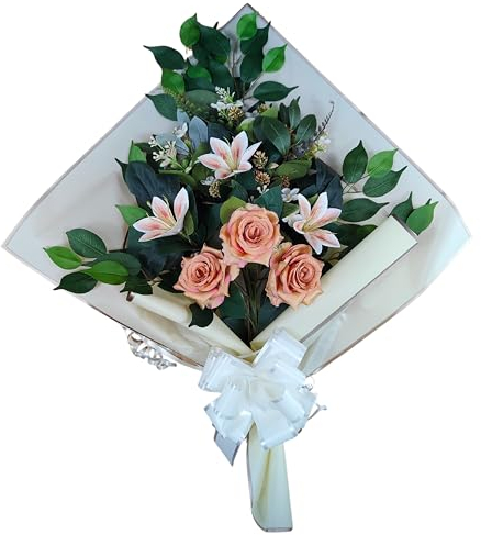 DRW Ramo de Flores para Cementerio Ramo Flores Artificiales para Meter en el Bote Jarron o sobre Sepultura 73x63x20 cm (Lirios y Rosas Naranjas)