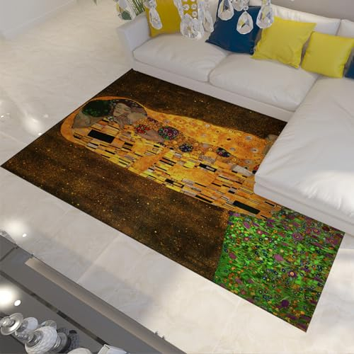 UERWOWELL Luxuriöse Gustav Klimt Teppiche Superweiche Teppiche für Wohnzimmer - Famous Art The Kiss Anti-Rutsch-Matte für Foyer Schlafzimmer Flur Wohnung 140x200cm