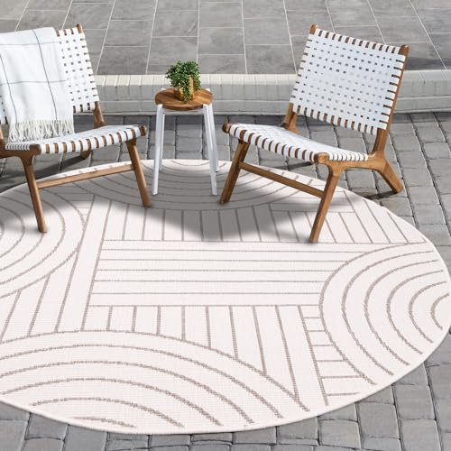 payé In- & Outdoor-Teppich - Beige Creme - 160x160cm Rund - Wendeteppich - Geometrisch - Wetterbeständig für Balkon Terrasse - Indoor Teppiche Wohnzimmer Küche