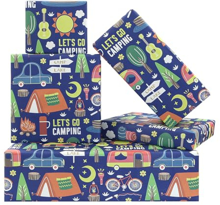 Let's Go Camping-Geschenkpapier, Abenteuerzelt, Baum, Auto-Taschenlampe, Camp-Themenmuster, gefaltet, flach, blaues Kunstpapier für Kinder, Jungen, Mädchen, Geburtstag, Sumemr-Party, Geschenkpapier