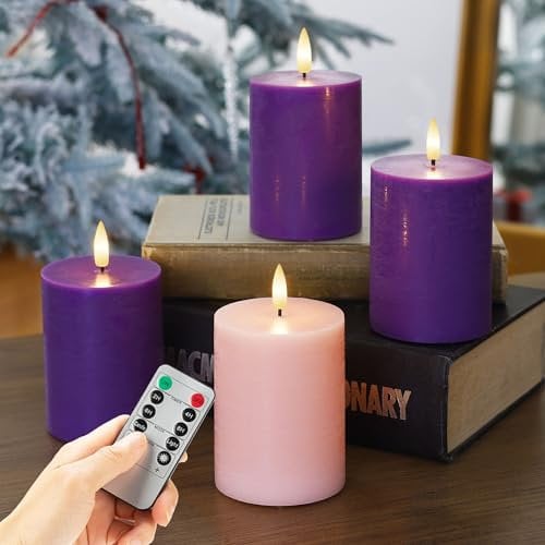 AFINETH Flamelss Advent Candles, Battery Operated Wax Pillar Candles with Remote, Flat Top Flickering Flameless Candles, LED Candles for for Christmas, Catholic, Advent, Wreath, Purple and Pink