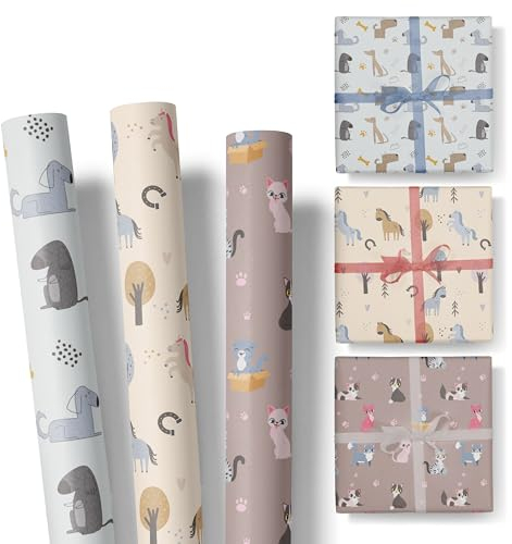 Geschenkpapier Kinder – 3 Rollen im Set – Motive: Pferde, Katzen, Hunde – für Geschenke zum Geburtstag oder zu Weihnachten – Geschenkpapier Mädchen und Jungen – Rolle: 47 cm breit, 3 m lang - SET 4