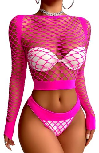 Buitifo Femme Lingerie Sensuelle Mesh Creuser Mini Robe Sexy Nuisette Babydoll de pêche Corset sous-Vêtement(Rose Rouge,Taille Unique)