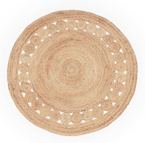 Craft Trade Handgewebt Natur Boho Jute Teppich Reversibel Blume Geflochten Waschbarer Rund Juteteppich für Küche Wohnzimmer und Schlafzimmer-150 cm