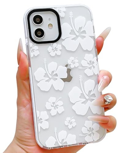 ECZOIL Compatible for iPhone 12/12 Pro Case, Cute Clear Hibiscus Flower Floral Aesthetic Cover Slim Soft TPU Shockproof Anti-Yellow Protective Phone Case for Women Girl - White