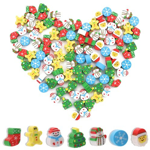 GEEHUA100 Stück Mini Kinder Radiergummi Weihnachten, Rentier Weihnachtsstrumpf, Schneemann, Weihnachtsmann, Kleine Radiergummis für Hausaufgaben Geschenk Klassenzimmer Hausaufgaben Belohnungen