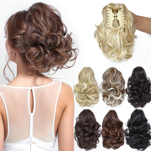 PARXITN Ponytail Extension 20cm Kurz Gelockt Gewellt Bronze Gelb Mix Blond Claw Clip in Synthetik Haarteil Pferdeschwanz Haarverlängerungen Zopf