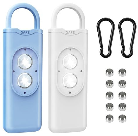 Shackcom 2pcs Alarme Personnelle 125dB Alarme de Poche avec 2 Lumière Flash LED Avertisseur Alarme de Sécurité avec Piles Anti Agression Porte-Clés pour Femme Enfants Personnes Agées - Blanc+Blue