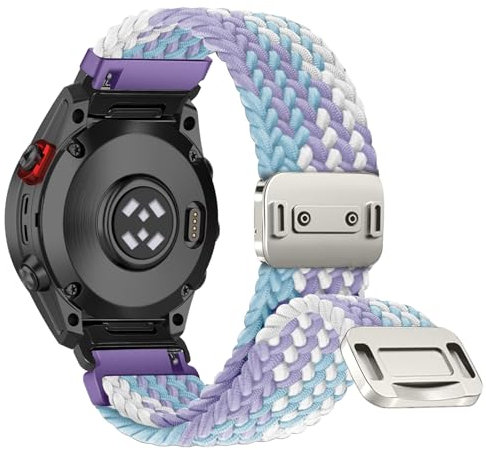 RanBluu QuickFit 20 mm Nylon Armband für Garmin fēnix 8 43mm/Fenix 7S/Fenix 6S, Geflochten Ersatzarmband, Elastisch Armbänder mit Magnetisch Verschluss für Garmin Descent Mk3Si, Lila & Weiß & Blau