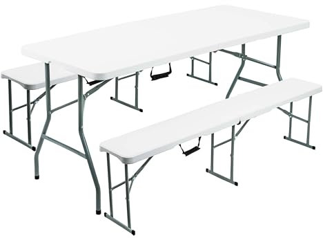 Crystals 6FT Folding Table and Bench Set - One White Folding Table with Two 6FT Folding Benches, Portable Garden Bench Set for Indoor/Outdoor Dining, BBQs, Picnics, Camping, and Versatile Seating