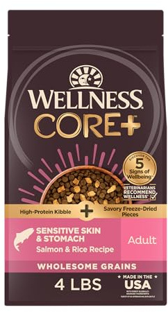 Wellness CORE+ Sensitive Skin and Stomach Adult Dry Dog Food with Freeze Dried Pieces, Wholesome Grain Kibble+, Natural, High Protein, Chicken Free, Salmon and Rice Recipe, 4 lb Bag