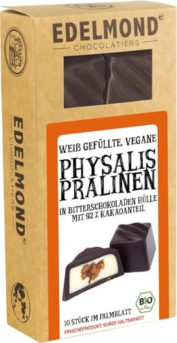 Handgemachte 10 Physalis Pralinen weiß vegan gefüllt. Ein Bio Geschenk im Palmblatt. Gefüllte Schokolade von Edelmond (10er Schale, Physalis Pralinen)
