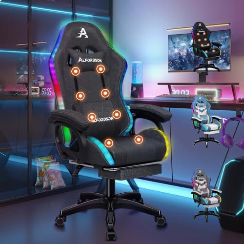 ALFORDSON Silla Gaming con RGB LED de 12 Colores y Masaje de 8 Puntos, Silla Gamer con Reposapiés, Reposacabeza y Cojín Lumbar, Silla Escritorio de Oficina Ergonomica, Tela, Gris Oscuro