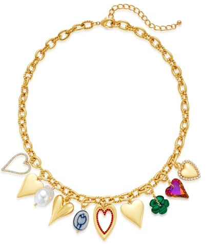 LILIE&WHITE Collier Femme Or Charms Cœurs Perle Trèfle Vert – Hypoallergénique, Inaltérable, Design Moderne Fait Main, Idée Cadeau Élégante