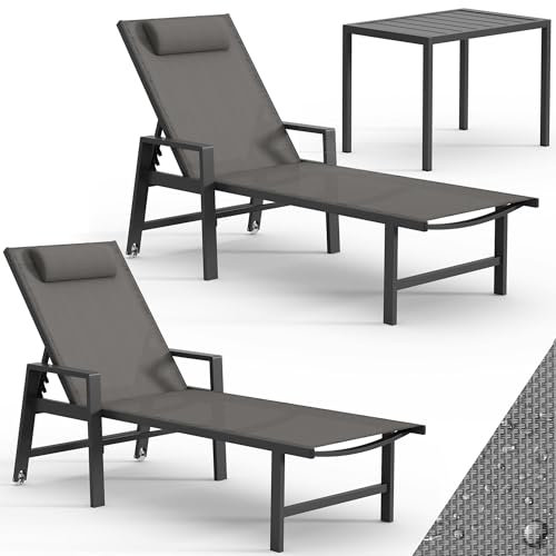 Mucola Aluminium Gartenmöbel Set 2X Sonnenliege und Gartentisch Gartenliege mit Rollen wetterfest, 5-Fach verstellbare Rückenlehne, Liegestuhl inkl. Kopfkissen (200 kg belastbar) Beistelltisch