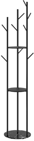 eSituro Garderobenständer schwarz, Baumform Kleiderständer mit 3 Ablagen Marmorbasis, Garderobe stehend mit 9 Haken, Mehrzweck Standgarderobe, für Schal Tasche Regenschirm, aus Metall