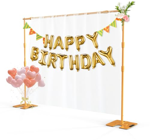 Bonnlo DIY Adjustable Backdrop Stand Kit, 2.4m x 3m Portable Photography Background Support Frame with Folding Metal Base, for Wedding, Party, Event, studio, Exhibition Decoration (Golden)