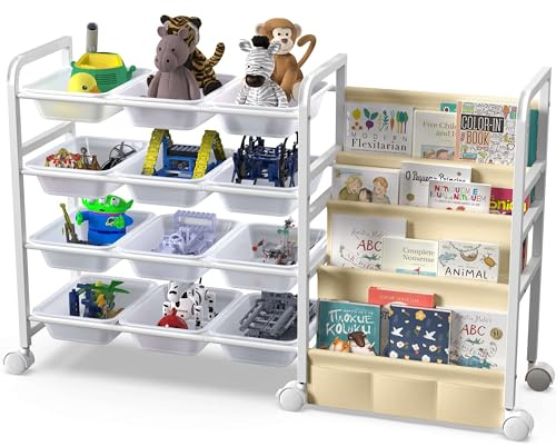 WGOHOSE Modular Metal Storage Rack with 12 Plastic Bins & Fabric Book Sling – Kids Toy Organizer and Bookshelf on Wheels for Playroom, Nursery, or Classroom