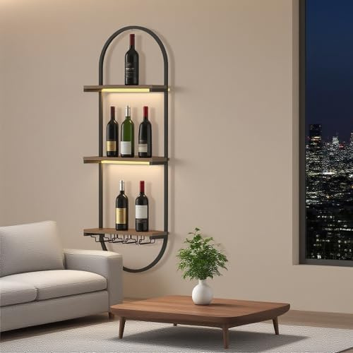 KEPMOGOH Casier à vin en Bois, Porte-Bouteilles Muraux avec Porte-Verre, Étagère à vin Murale Rangement Bouteille, Range Bouteille Vin pour Maison, Cuisine, Bar, Salle À Manger, 1 pièce (1)