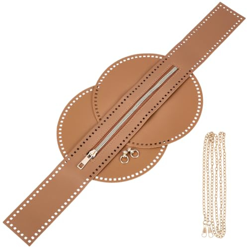 CALFOVERA Kits para Hacer Bolsos de Mano, Base de Bolso de Cuero Sintético, Hecho A Mano, con Cremallera de Ganchillo, Cojín Moldeador de Mochila Redondo, Correa de Cadena para Bolso Cruzado