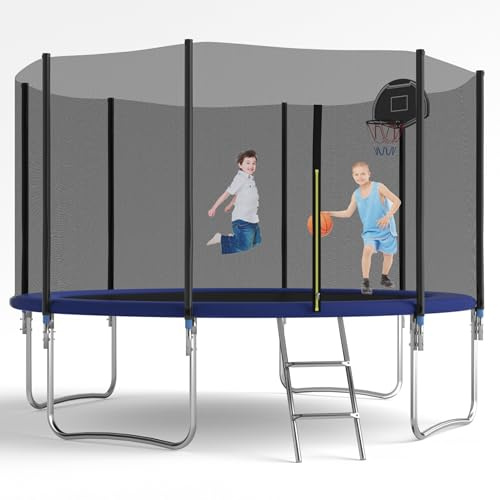 Outdoor Trampolin 305 cm / 366 cm, Komplettset Mit Sicherheitsnetz, Metallleiter Und Basketballkorb, Belastbar Für Kinder, Jugendliche Und Erwachsene