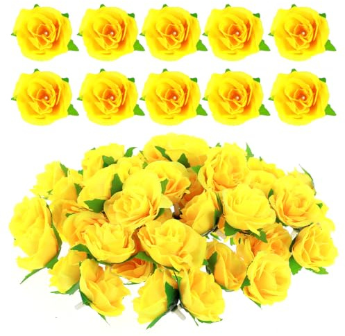 Zyghjort 50pcs Mini Yellow Roses Buds Artificial Flowers, 1.6 Inch Artificial Roses Flower Heads Small Real Silk Fake Rose Flower Heads for Decoration, Crafts, Wedding Party Home Decor