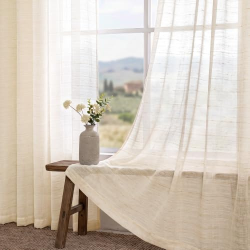 Gardinen Voile Kurz Leinen-Transparent Vorhäng mit Ösen H145 x B140 cm Durchsichtig für Küche Kinderzimmer Wohnzimmer Modern Schlafzimmer Lichtdurchlaessig Tüll Sheer Curtains Boho Landhaus 2er set