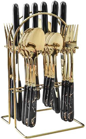 Juego de cubiertos de acero inoxidable, 24 piezas, mango negro con borde dorado, tenedores, cucharas, cuchillos, cubiertos, utensilios de metal duraderos para filetes, cenas,