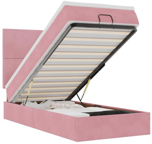 mtlskopl Otto Jugendbett 90×190 cm Rosa Samt mit Matratze Topper Hydraulik Stauraum Metall