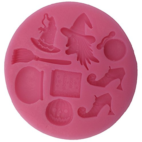 Halloween Sugarcraft fondant fimo cake topper icing sugarpaste silicone mould Sugarcraft fondant fimo cake topper icing sugarpaste THE WITCH silicone mould (includes shoes , spell bag , witch face , hat , broom ,cauldron , spell book , pumpkin) D 9.5 x H 1 cm PINK